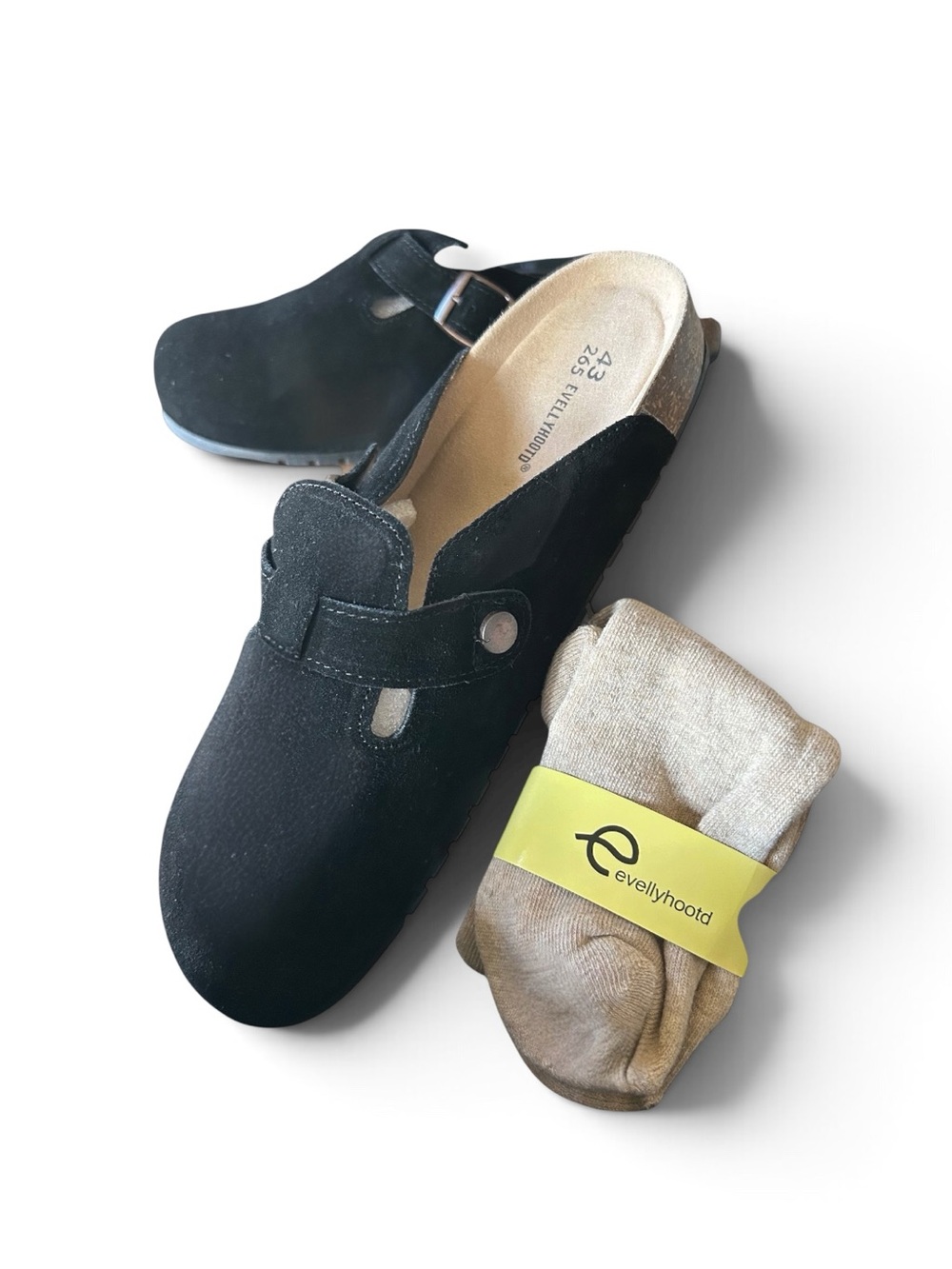 Black Slip-on Suede Clog with Adjustable Buckle with Socks NWT